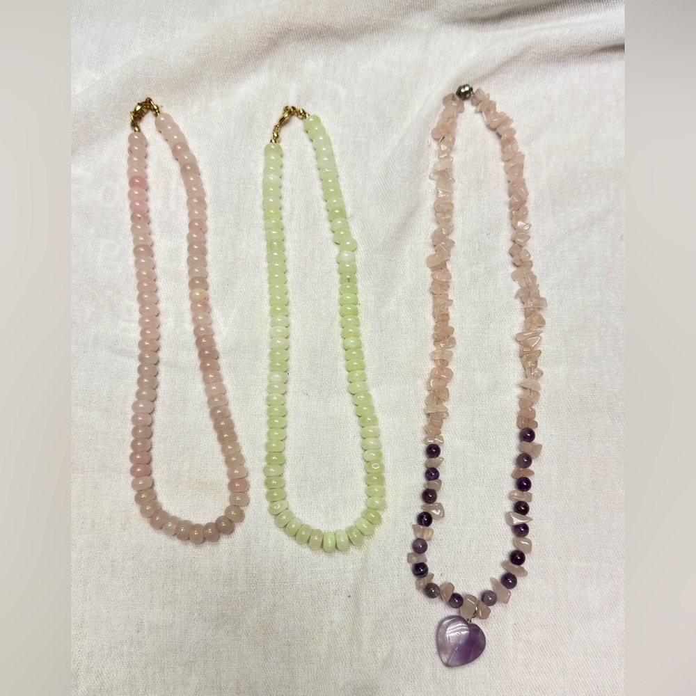 Elegant Pastel Beaded Necklace Set, Lot of 3. Rose, Green, and Lavender Quartz.